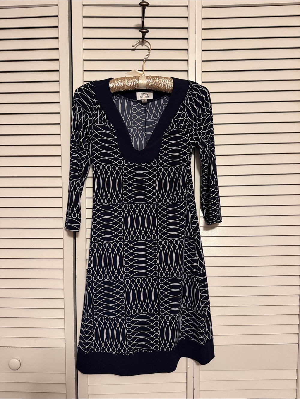 Sweet Storm Navy and White Geometric V-Neck Dress